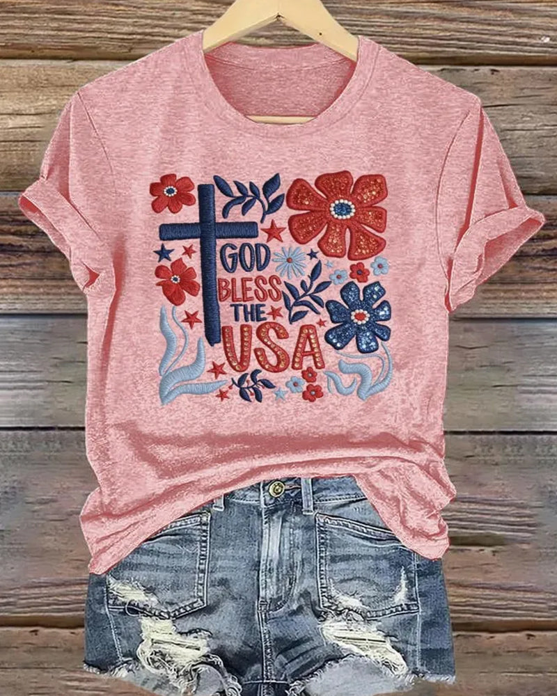 God Bless The USA Floral Cross-Print Short Sleeve Tee