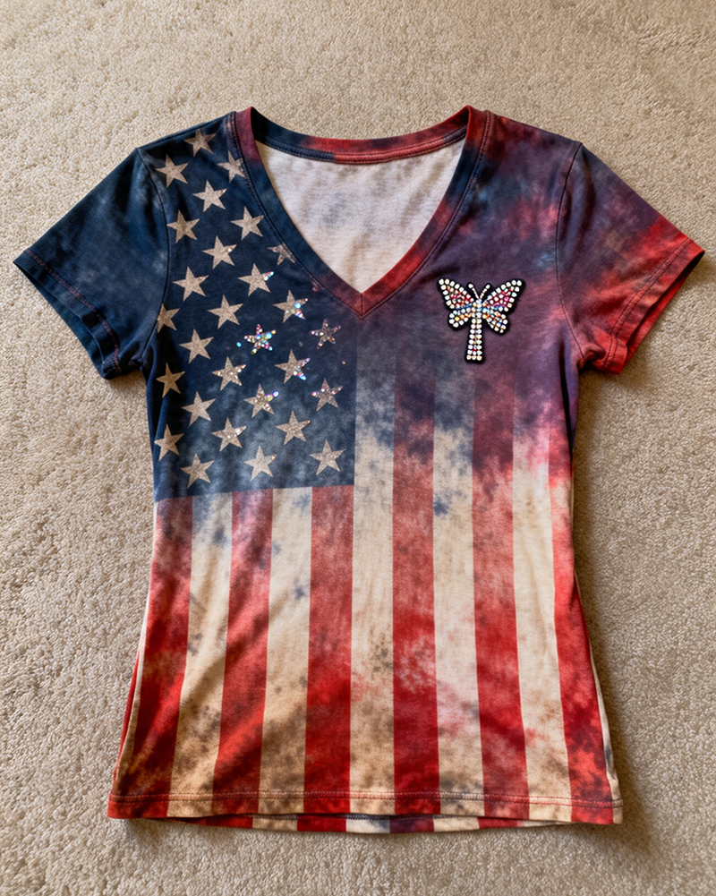 American Flag Dressed Butterfly Rhinestone Print V-Neck Short Sleeve Tee