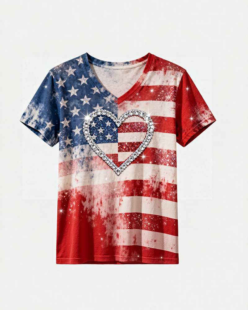 American Flag Rhinestone Printed V-Neck Short-Sleeve T-Shirt