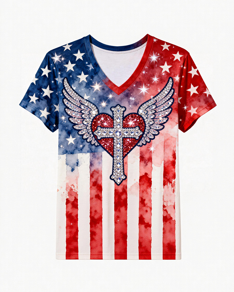 American Flag Wings Cross Rhinestone Print V-Neck Short Sleeve Tee