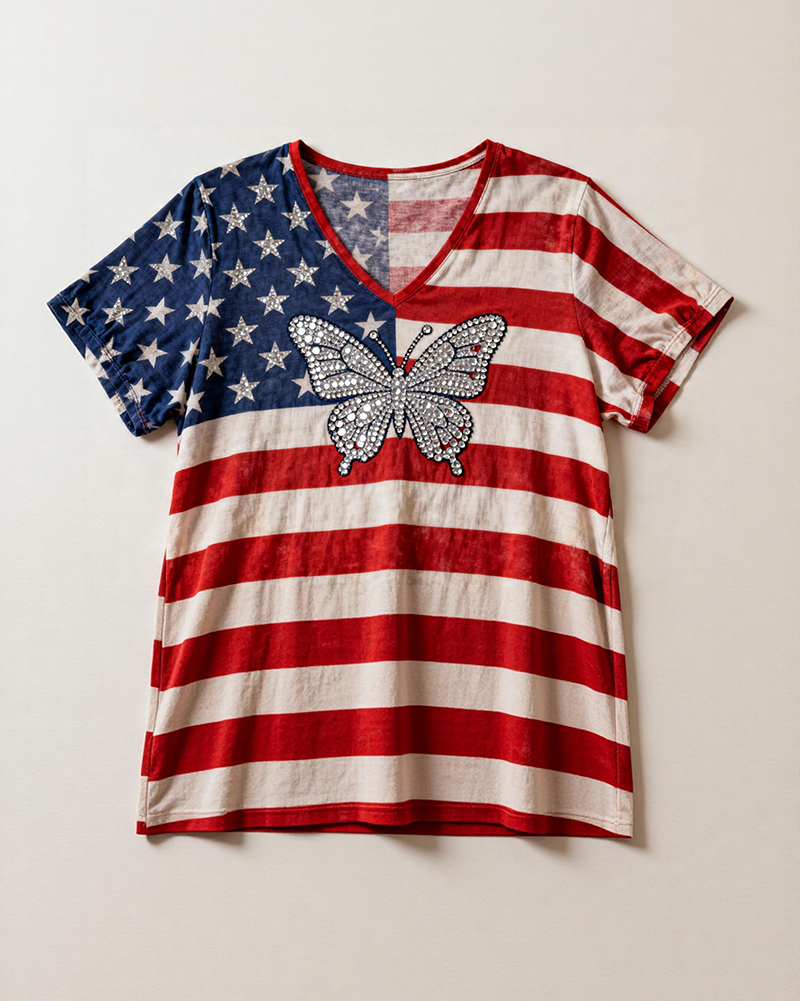 American Flag Striped Rhinestone Butterfly Print V-Neck Short Sleeve Tee