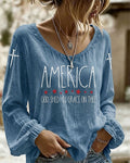 Retro GOD SHED HIS GRACE ON THEE Print Round Neck Puff Sleeves Blouse