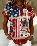 Women's  Flag Flower Lace Patchwork Lapel Button-Down Short-Sleeved Shirt