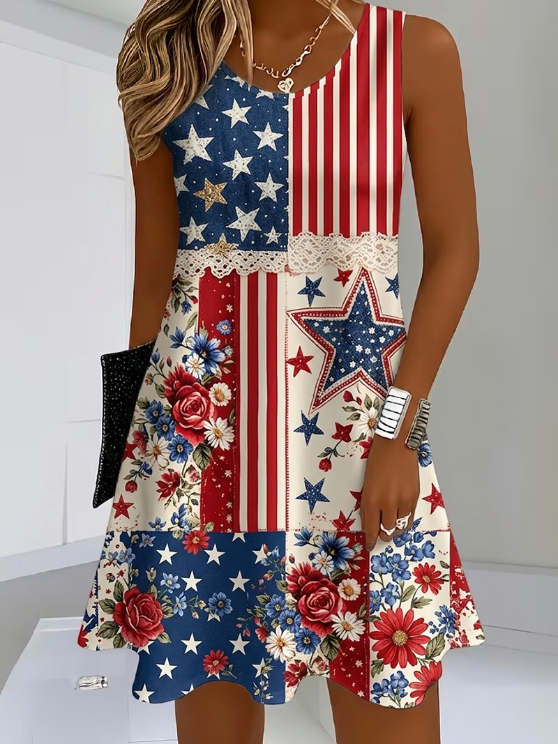 National Flag Flower Lace Patchwork Round Neck Sleeveless Mini Casual Dress