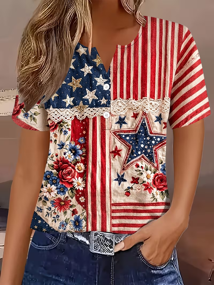 Women's Flag Flower Lace Patchwork Henry's Collar  Short Sleeve Tshirt