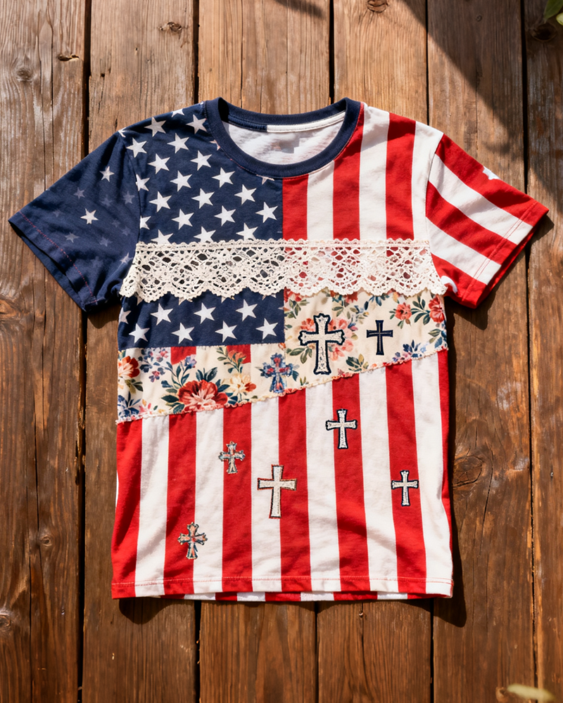 American Flag Lace Patchwork Cross Floral Print Short Sleeve Tee