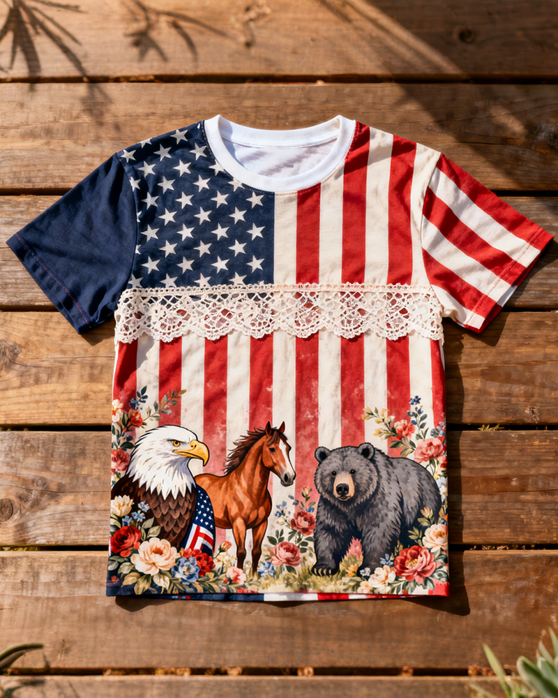 American Flag Lace Patchwork Animal Floral Print Short Sleeve Tee