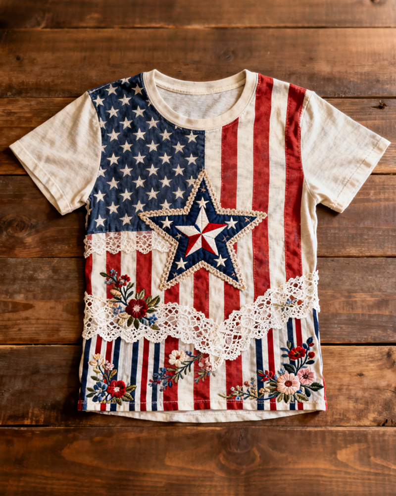 American Flag Lace Patchwork Stars Floral Print Short Sleeve Tee