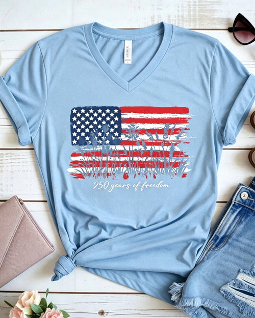 100% Cotton 250 Years of Freedom Floral V Neck Short Sleeve Tshirt