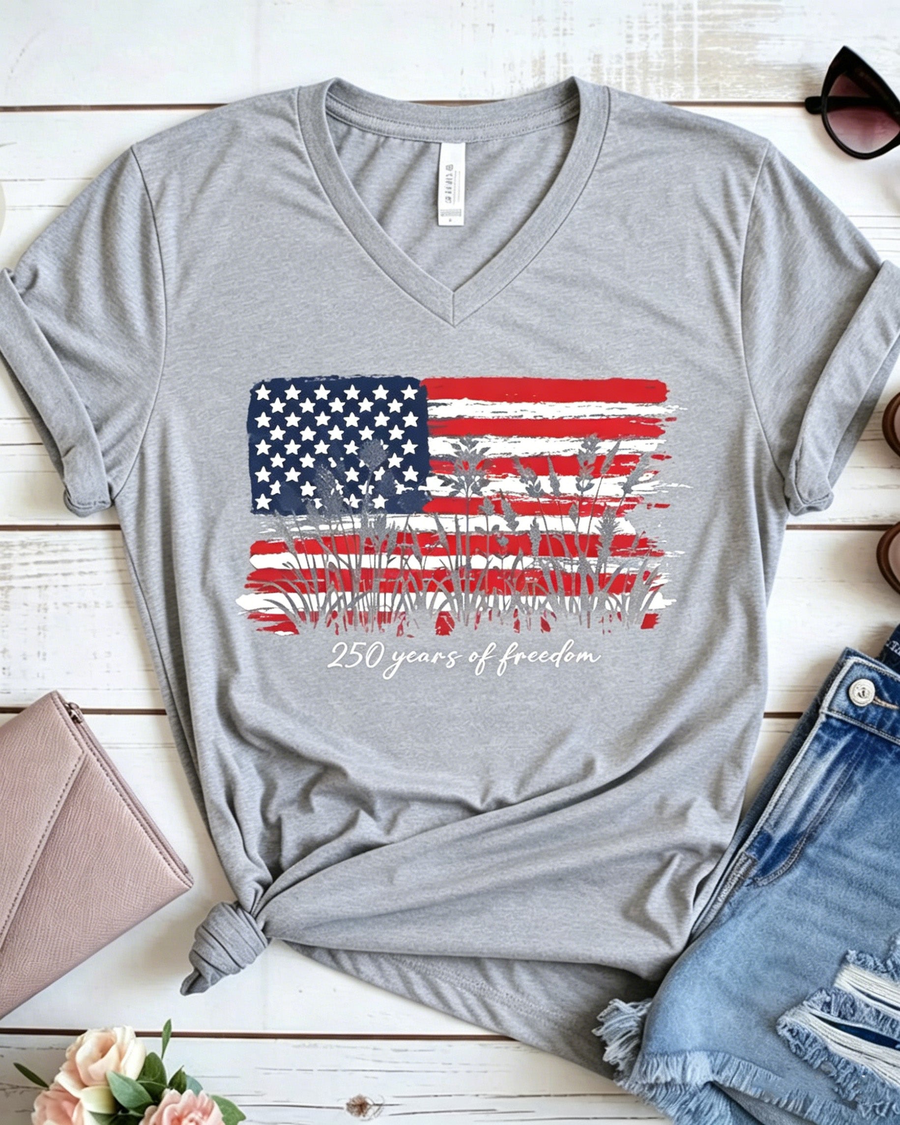 100% Cotton 250 Years of Freedom Floral V Neck Short Sleeve Tshirt