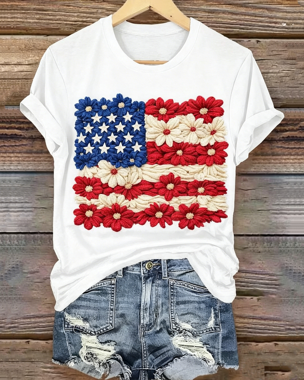 100% Cotton 250th Anniversary Contrasting Flag and Flower Design Print Crew Neck Short Sleeve Tshirt