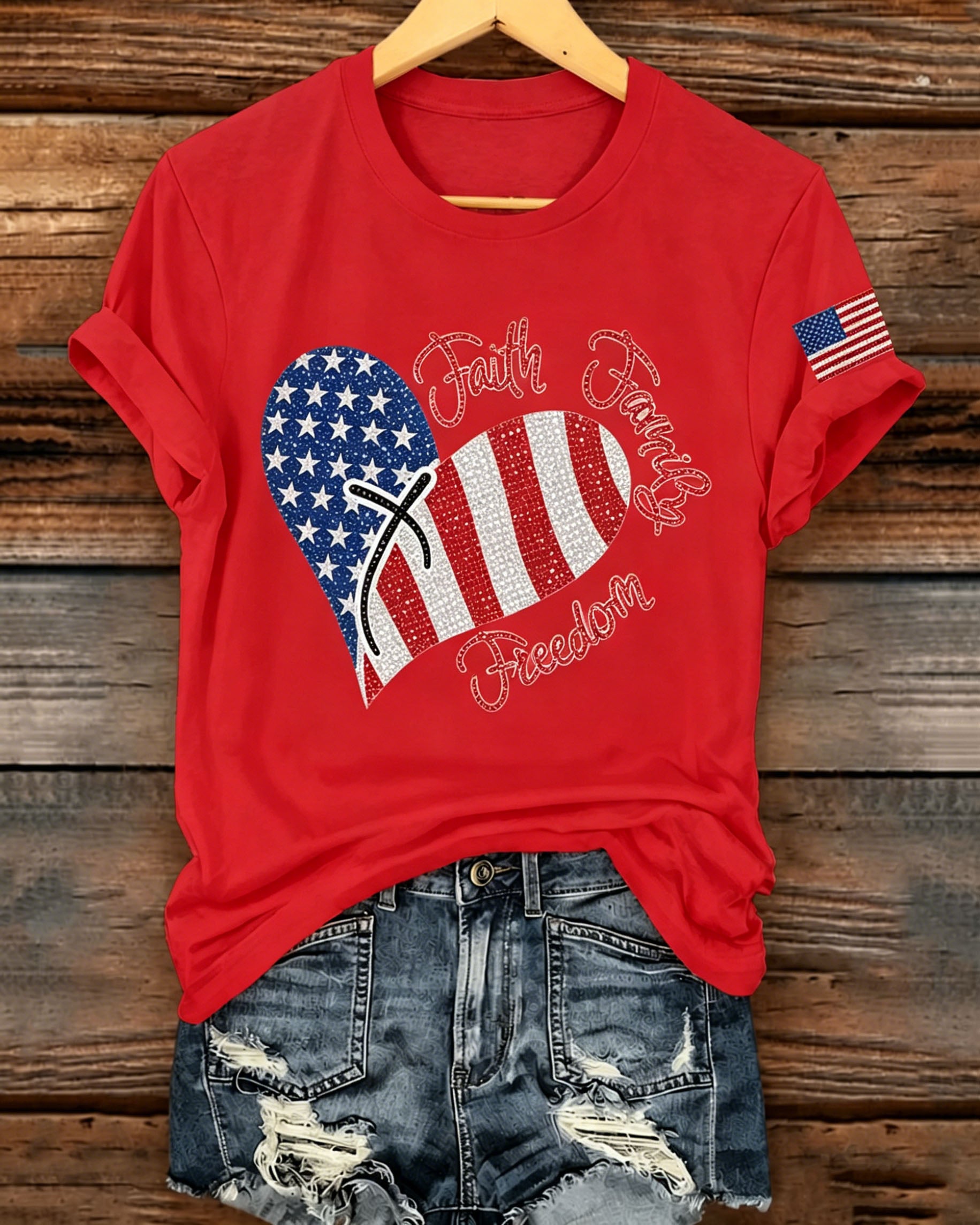 100% Cotton Flag Heart & Faith Print Crew Neck Short Sleeve Tshirt