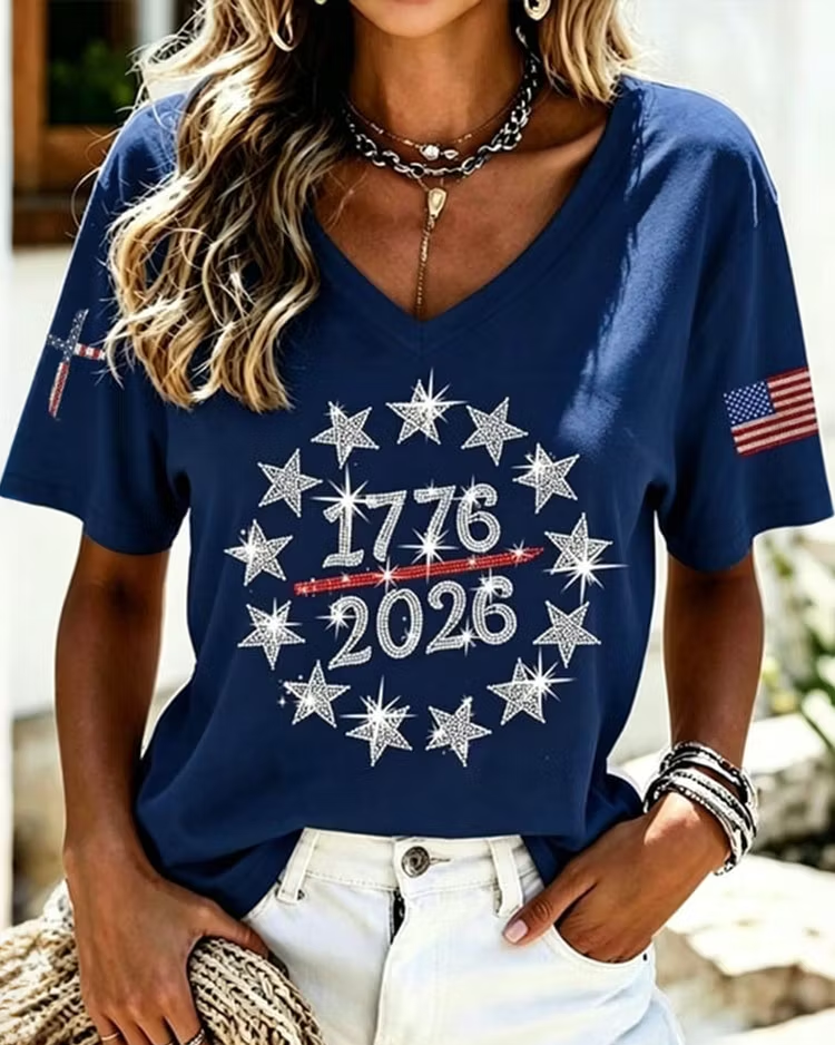 Women's Anniversary Hot Drill Art Print V-neck Short Sleeve Tshirt