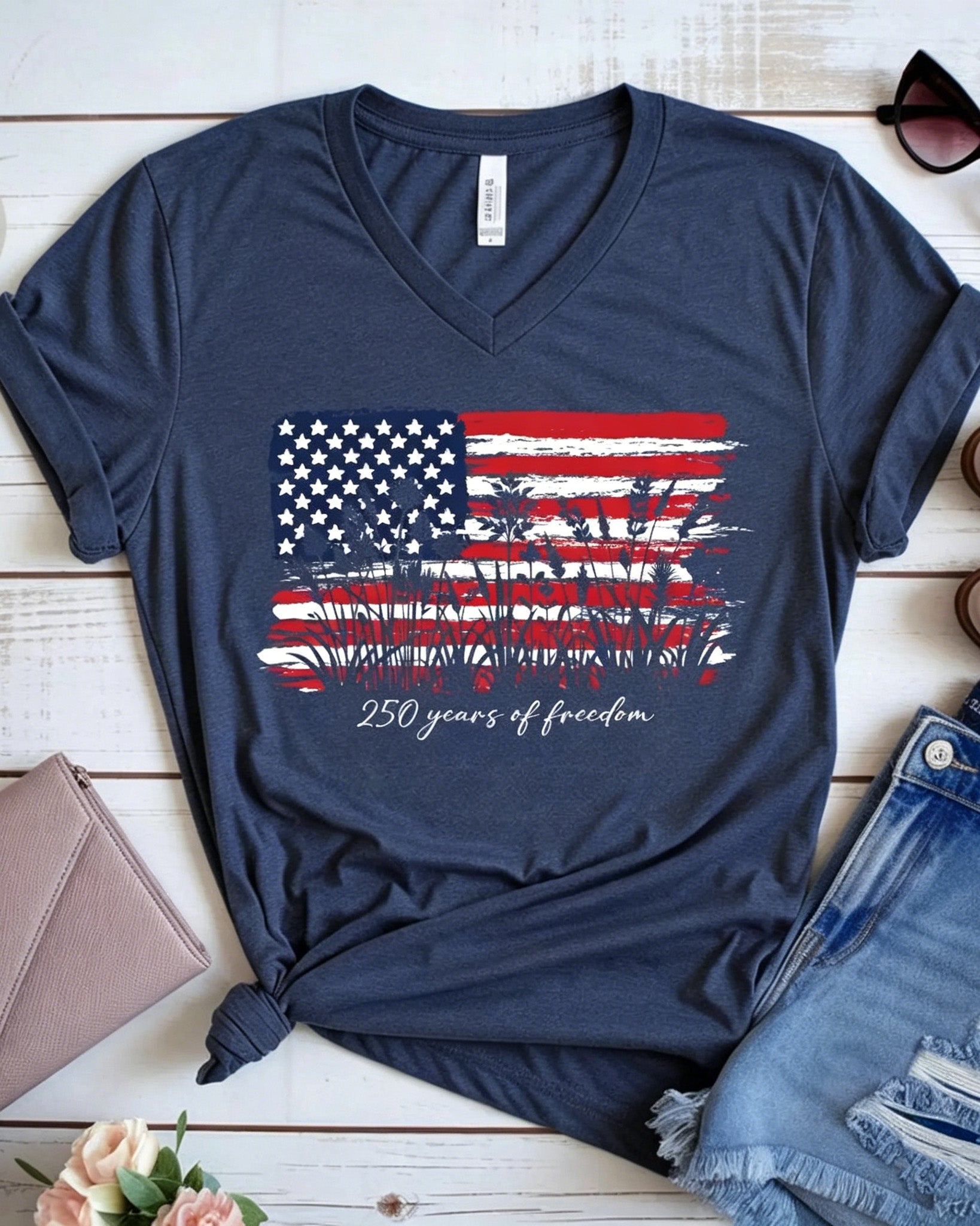 100% Cotton 250 Years of Freedom Floral V Neck Short Sleeve Tshirt