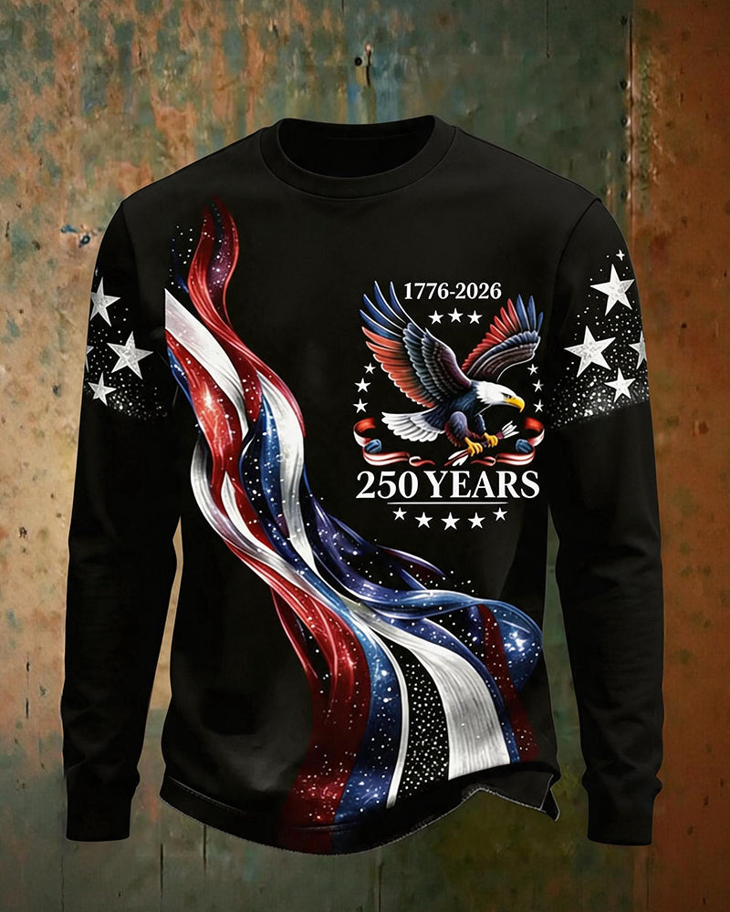 United States 250 Anniversary Star Eagle Flag Print Crewneck Long Sleeve T-Shirt
