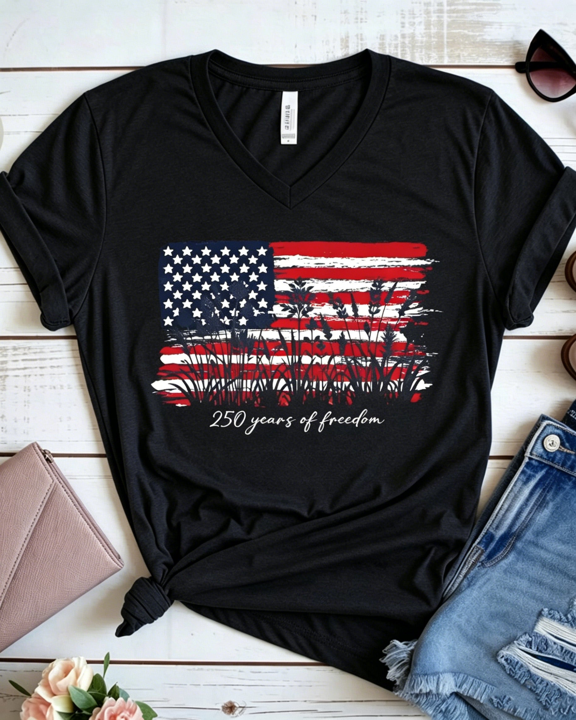 100% Cotton 250 Years of Freedom Floral V Neck Short Sleeve Tshirt