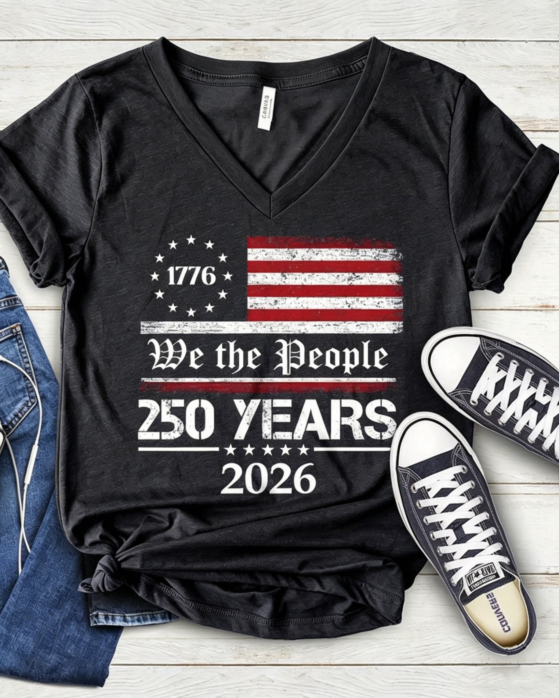 100% Cotton 250th America Anniversary V Neck Short Sleeve Tshirt
