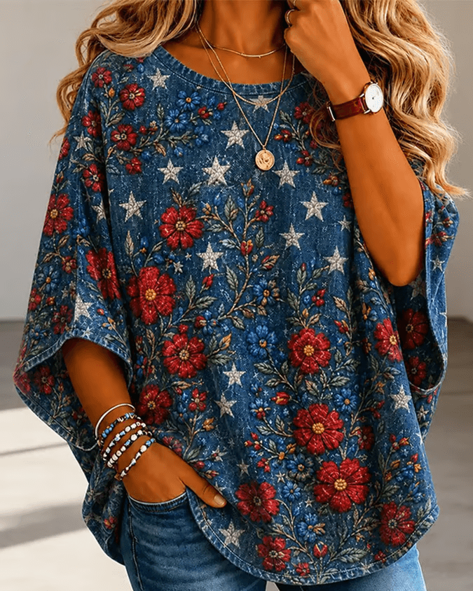 Elegant Red Floral Round Neck Loose Top