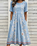 Elegant Striped White Floral Print Pocket Casual Dress