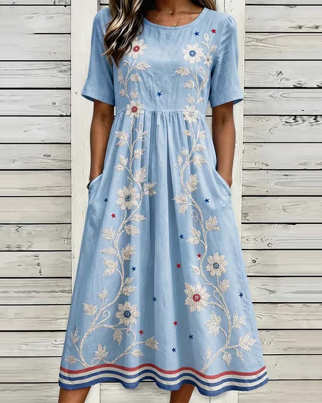 Elegant Striped White Floral Print Pocket Casual Dress