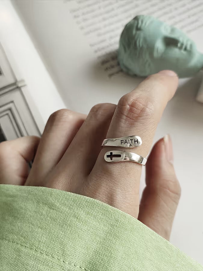 Cross Double Layer Faith Letter Ring Opening Adjustable