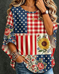 Flag-Patterned Patchwork Print Round Neck Loose Top