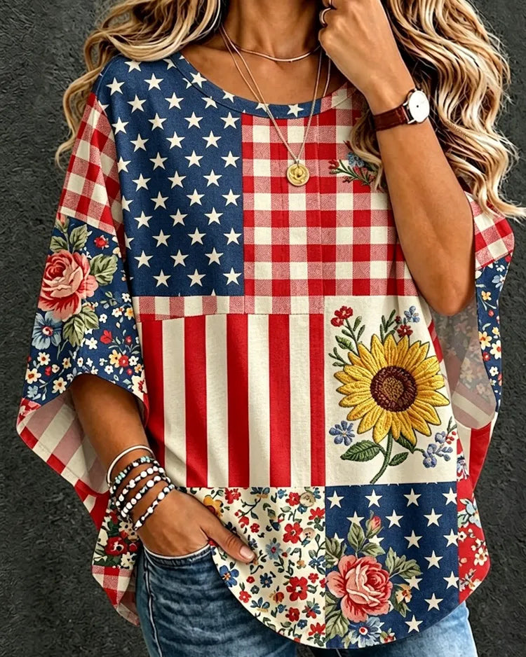 Flag-Patterned Patchwork Print Round Neck Loose Top
