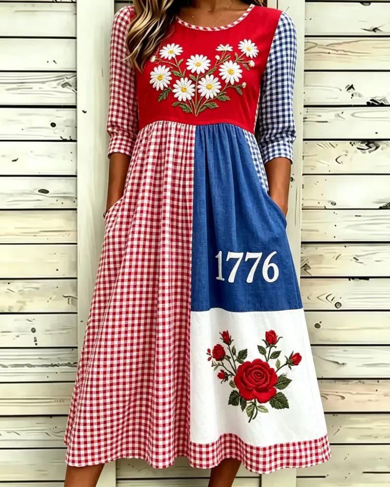 Flag Floral Print Pocket Casual Dress