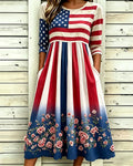Flag Stripes and Floral Patchwork Print Pocket Casual Dress