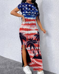 Flag & Coconut Tree Spliced Print Split Hem Bodycon Dress