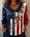Flag & Rose Patchwork Peter Pan Collar Long Sleeve Blouse