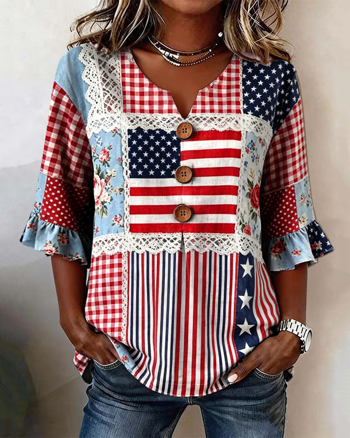 Flag Striped Lace Print Half-sleeved Shirt
