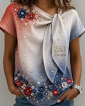 Flag Stripes and Contrasting Flowers Print Tie-Neck Short-Sleeve Top