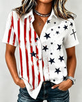 Flag Stripes and Stars Print Lapel Button-Down Short-Sleeved Shirt