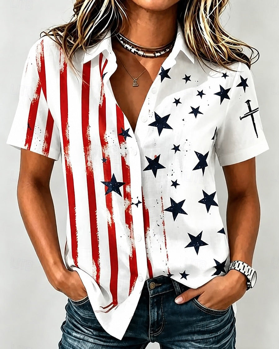 Flag Stripes and Stars Print Lapel Button-Down Short-Sleeved Shirt