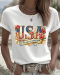 100% Cotton Floral Letters USA Crew Neck Short Sleeve Tshirt