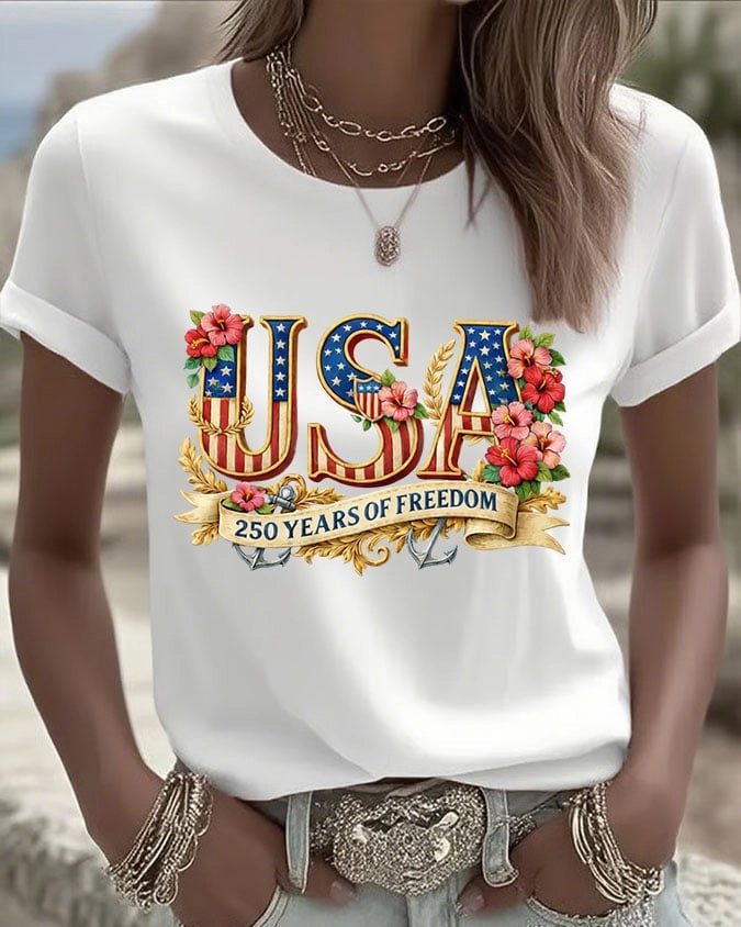 100% Cotton Floral Letters USA Crew Neck Short Sleeve Tshirt