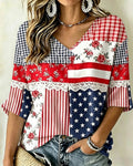 Floral Plaid Star Patchwork Print V-neck Half Sleeved Loose Top