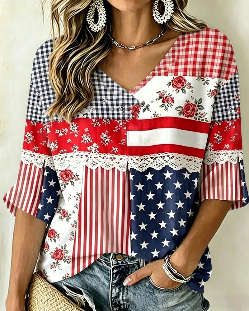 Floral Plaid Star Patchwork Print V-neck Half Sleeved Loose Top