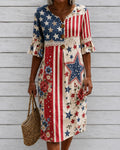 Floral and Flag-Print Lace Splicing Cotton-Linen Lace Sleeves Midi Dress
