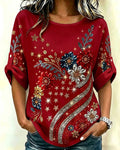 Floral and Star Prints Crew Neck Blouse