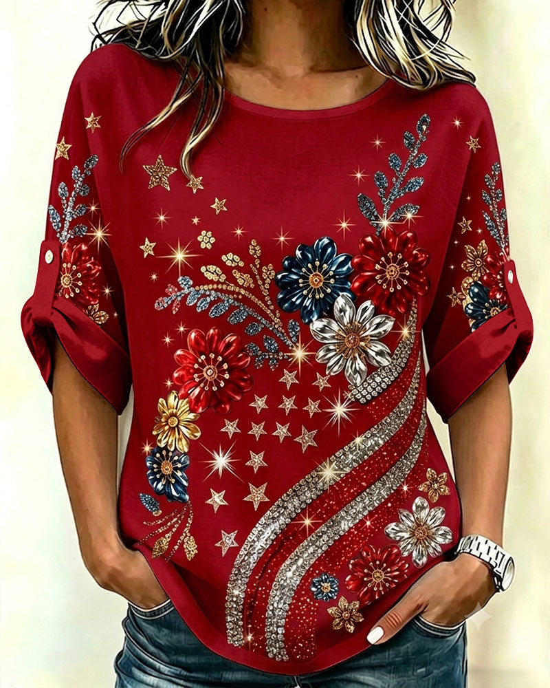 Floral and Star Prints Crew Neck Blouse