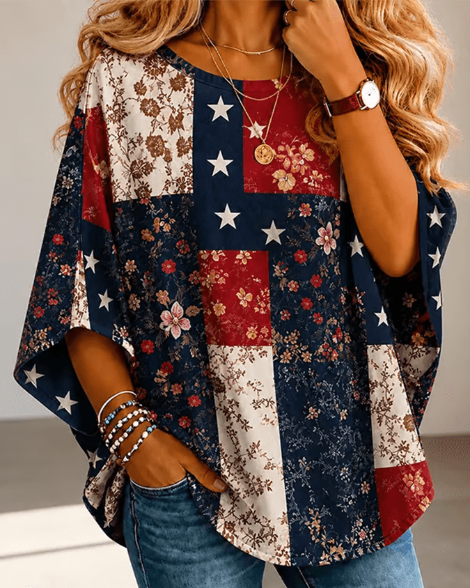 Flower and Star Color Blocking Patch Print Crew Neck Blouse