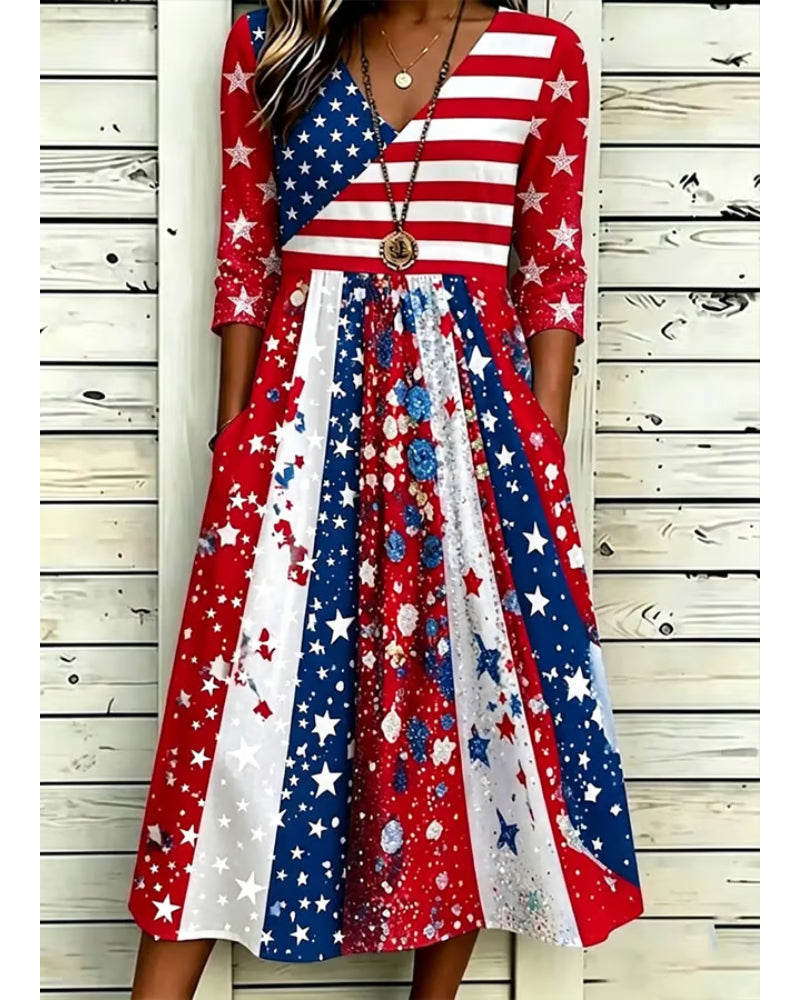National Flag Stripes Polka Dots Stars Print Pocket Casual Dress
