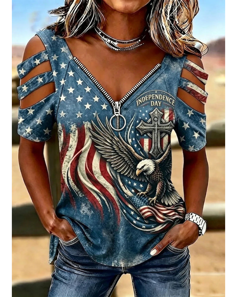 American-style Eagle Flag Cross Printed Zipper V-Neck Shoulder Short Sleeve Tee