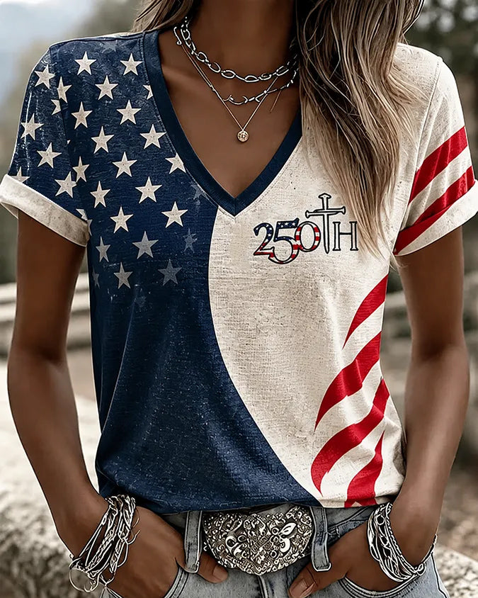 Fourth of July Sublimation Print V-neck Short Sleeve Tshirt