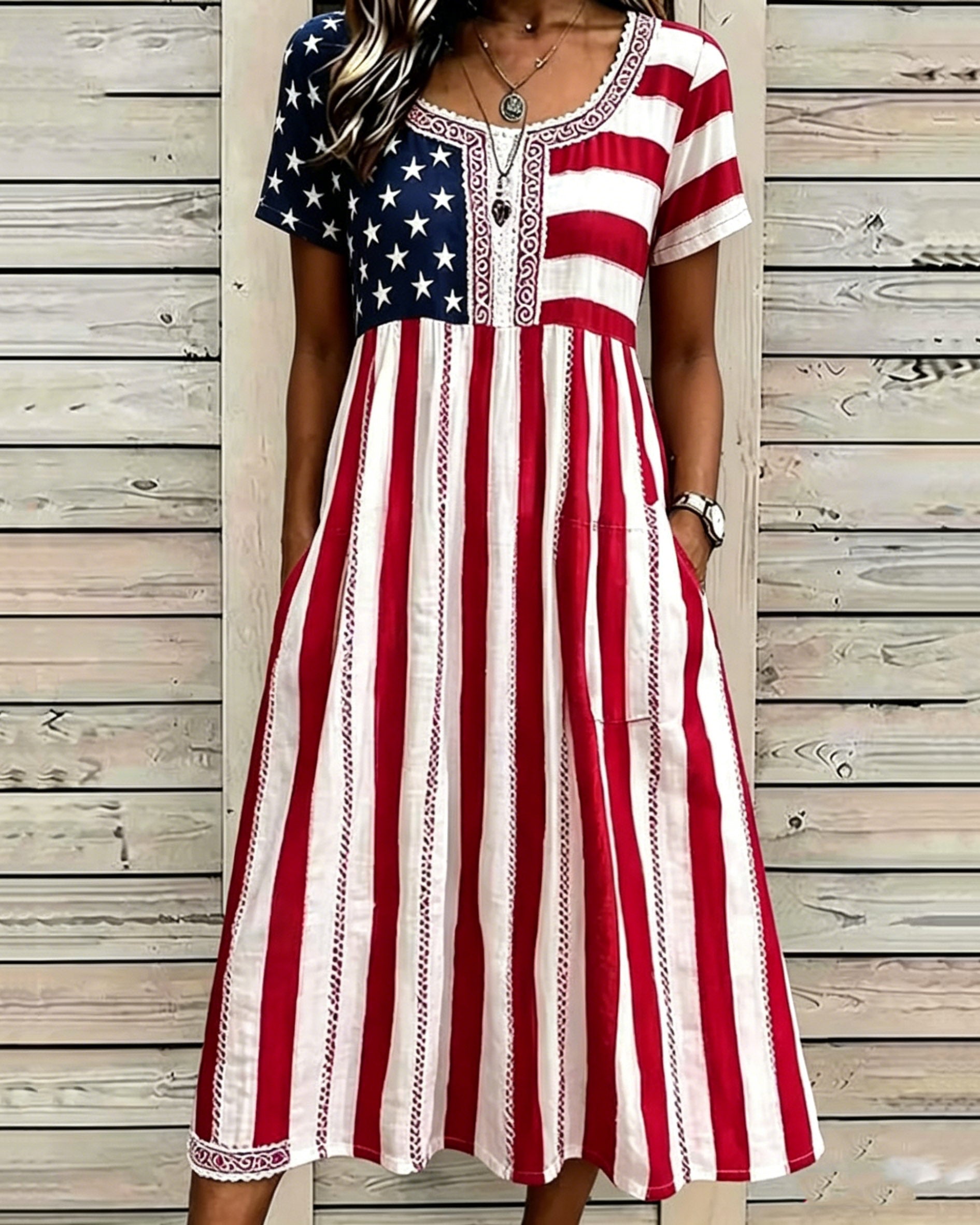 Fun American Flag Print Pocket Casual Dress