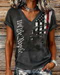 Fun Cutout Print of National Flags Print V-neck Short Sleeve Tshirt