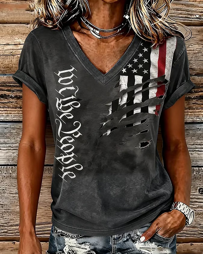 Fun Cutout Print of National Flags Print V-neck Short Sleeve Tshirt