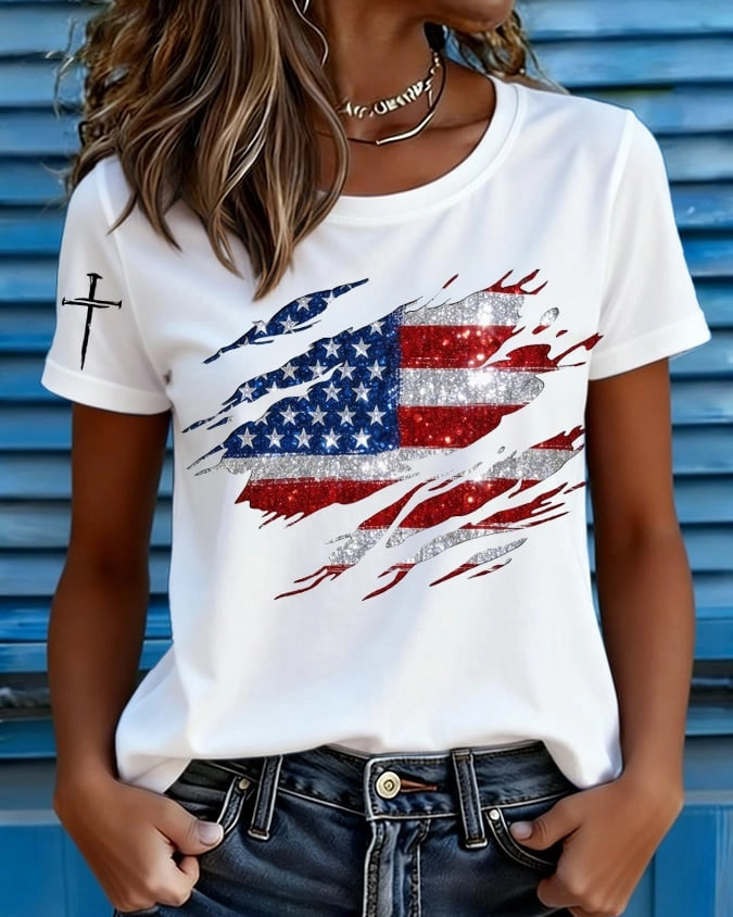 100% Cotton Fun Flag Cross Crew Neck Short Sleeve Tshirt